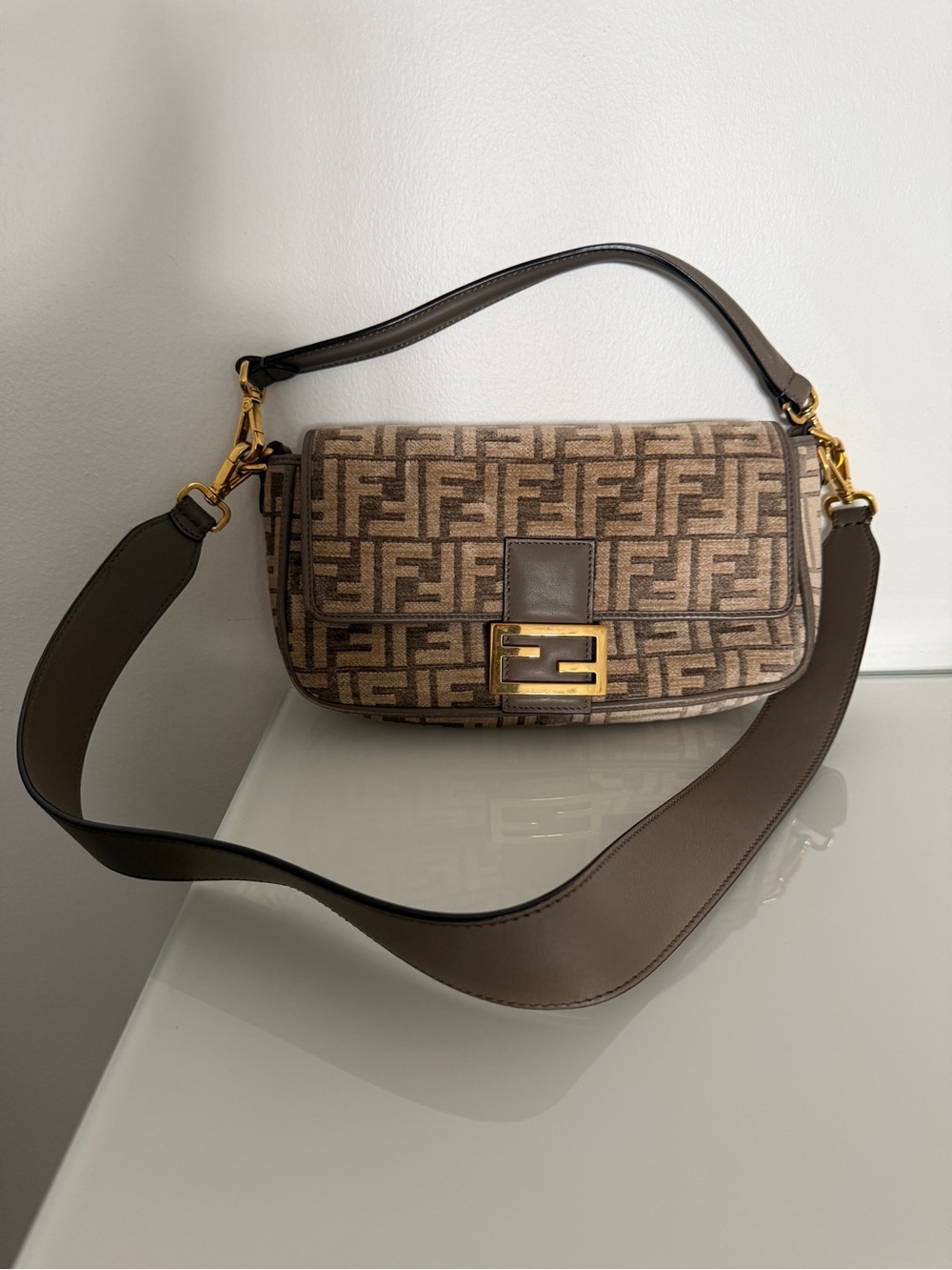 Fendi Beige and Brown FF Canvas Shoulder Bag with Gold Hardware
